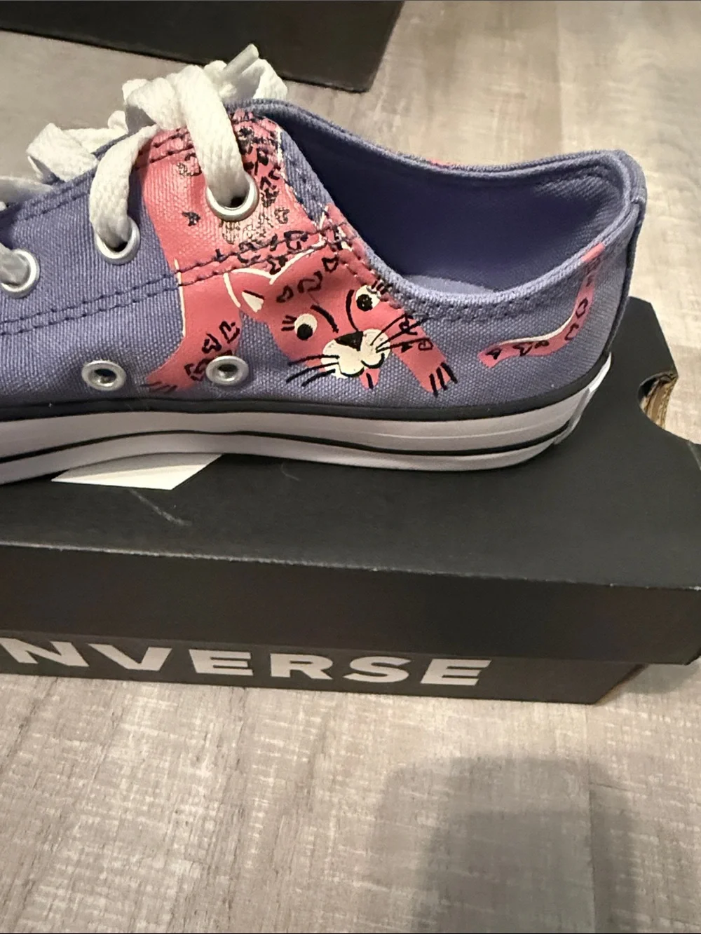 Converse Lavender Canvas Low-Top Sneakers with Pink Cat.
